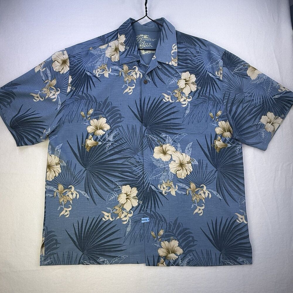 Jamaica Jaxx Hawaiian Shirt XL BLUE / YELLOW Men's Casual Floral Silk 1006
